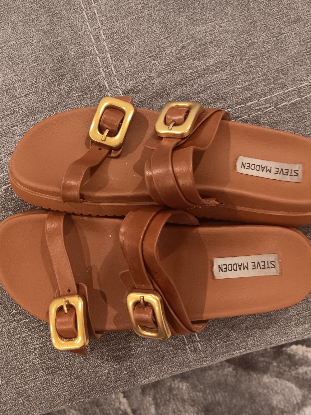 Steve Madden Tan Leather Double-Buckle Slide Sandals